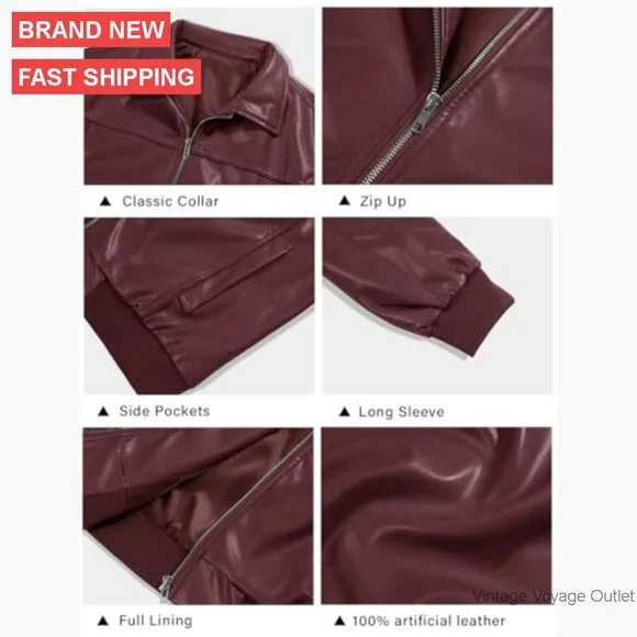 Oversized Faux Leather Bomber Jacket Zip Up Moto Biker Coat
